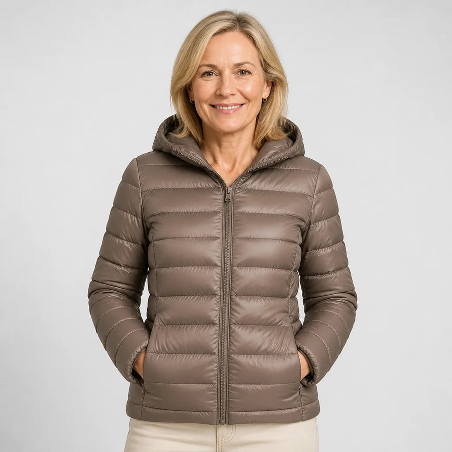 Lightweight Hooded Puffer Jacket in Taupe