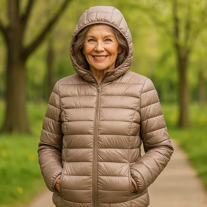 Lightweight Hooded Puffer Jacket in Taupe