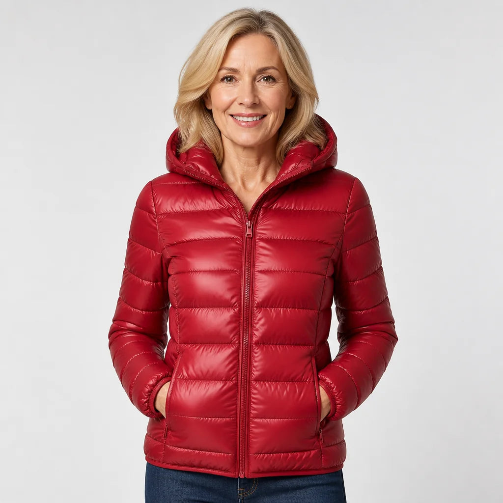 Lightweight Hooded Puffer Jacket in Dark Red