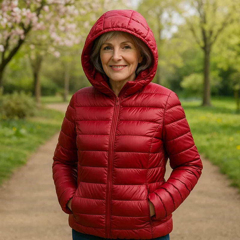 Lightweight Hooded Puffer Jacket in Dark Red