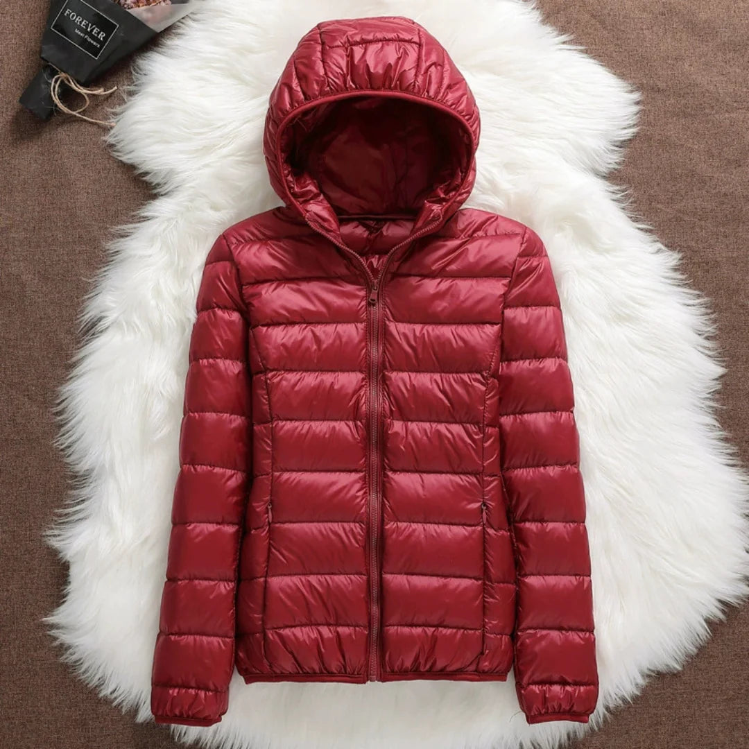 Lightweight Hooded Puffer Jacket in Dark Red
