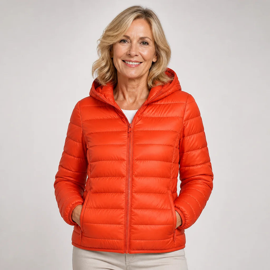 Lightweight Hooded Puffer Jacket in Orange