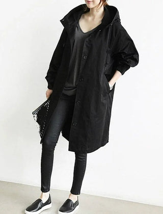 Andrea Hooded Longline Trench Coat in Black