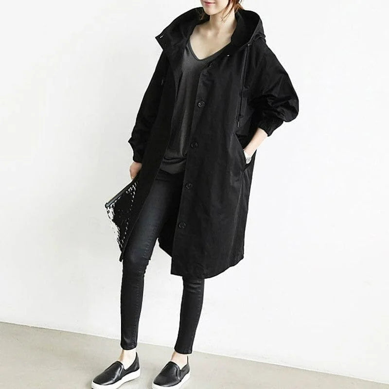 Andrea Hooded Longline Trench Coat in Black