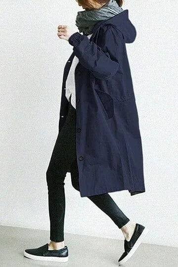 Andrea Hooded Longline Trench Coat in Navy