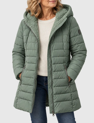 Hooded A-Line Puffer Coat in Green