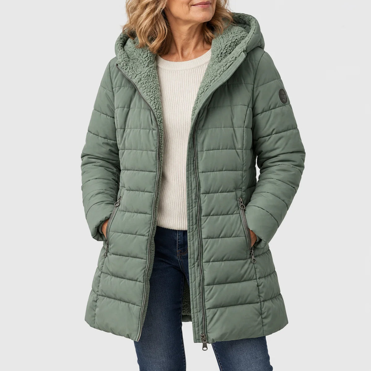 Hooded A-Line Puffer Coat in Green