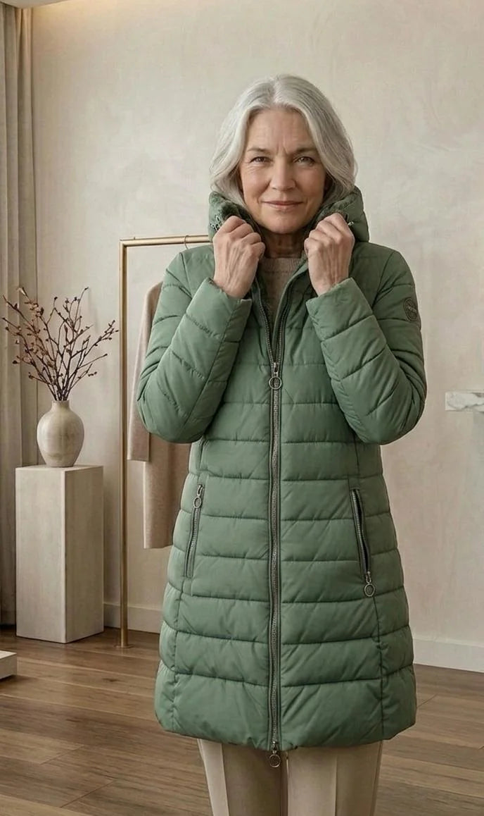 Hooded A-Line Puffer Coat in Green