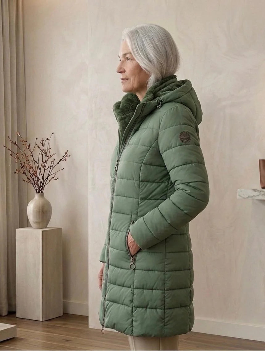 Hooded A-Line Puffer Coat in Green