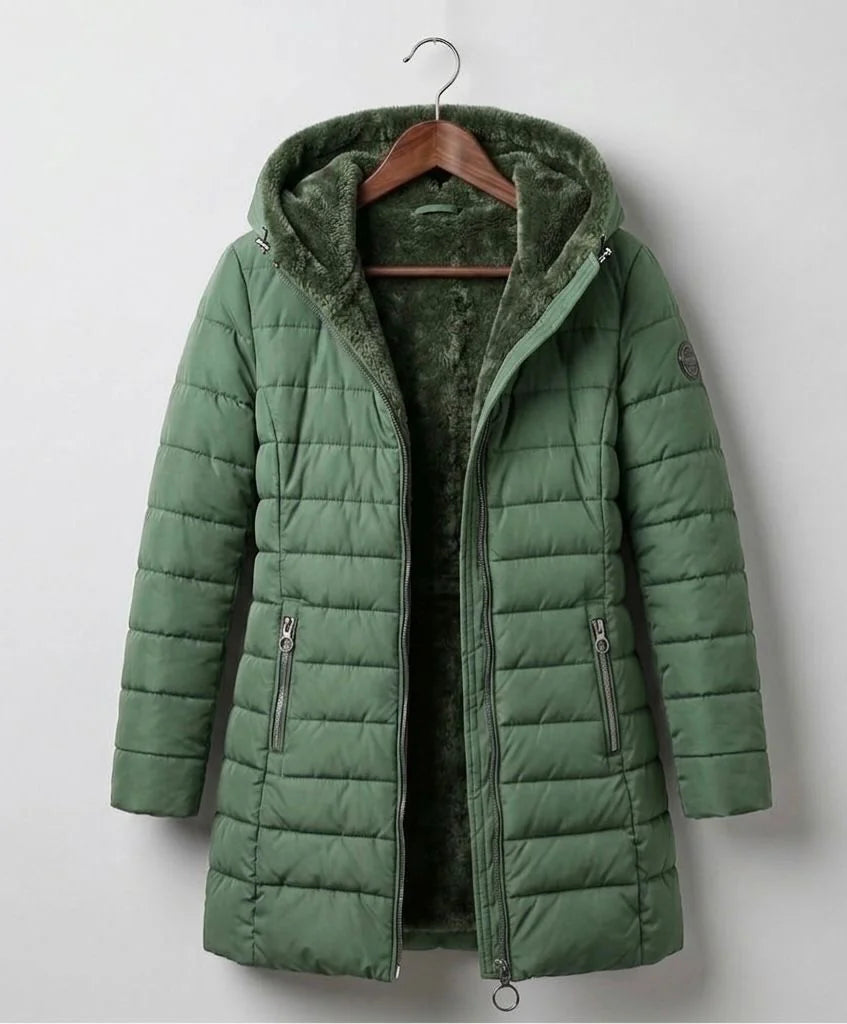 Hooded A-Line Puffer Coat in Green