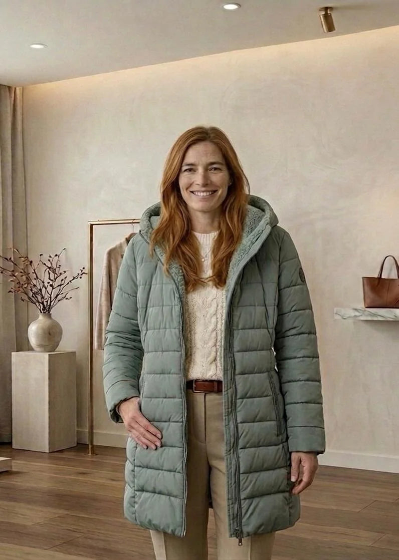 Hooded A-Line Puffer Coat in Sage Green