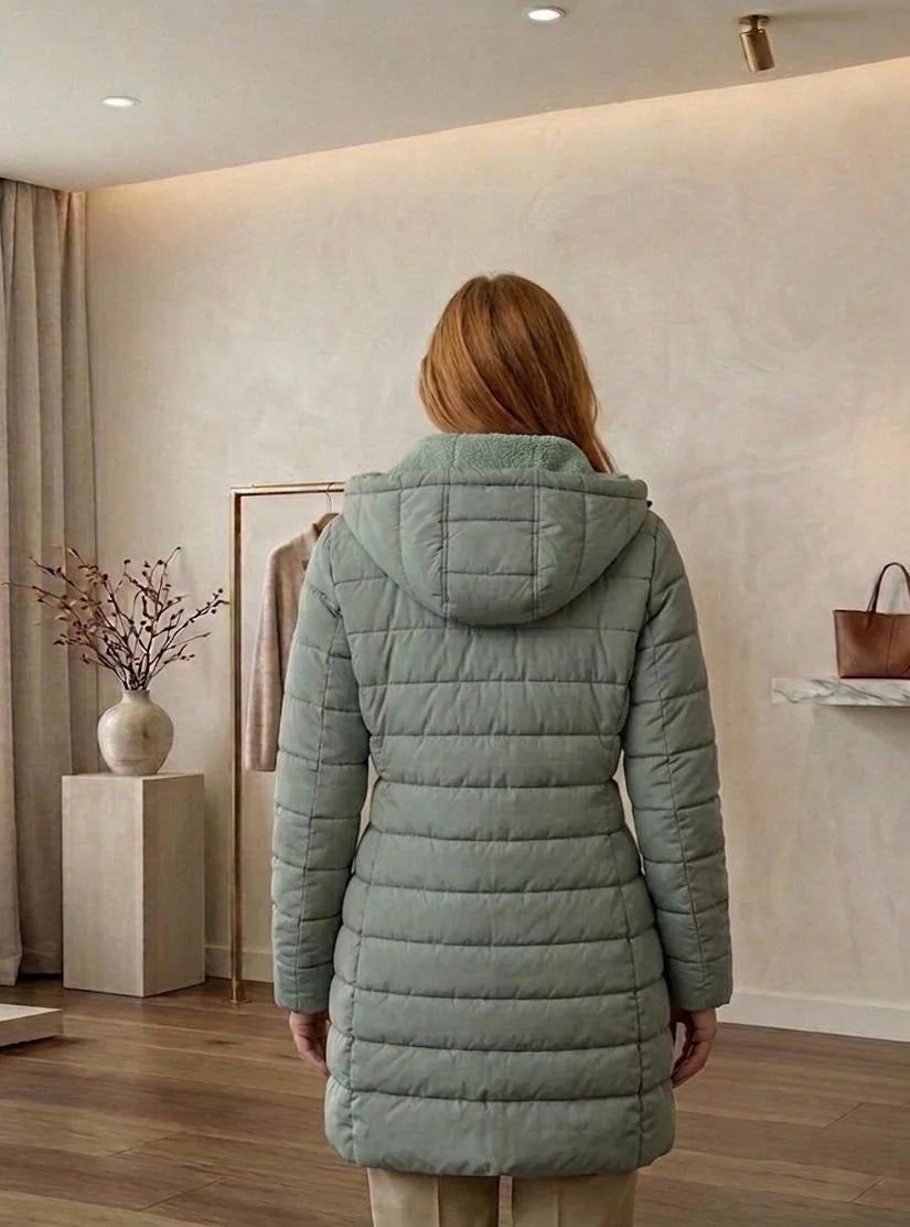 Hooded A-Line Puffer Coat in Sage Green