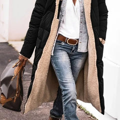 Annette reversible long puffer coat in Black, worn