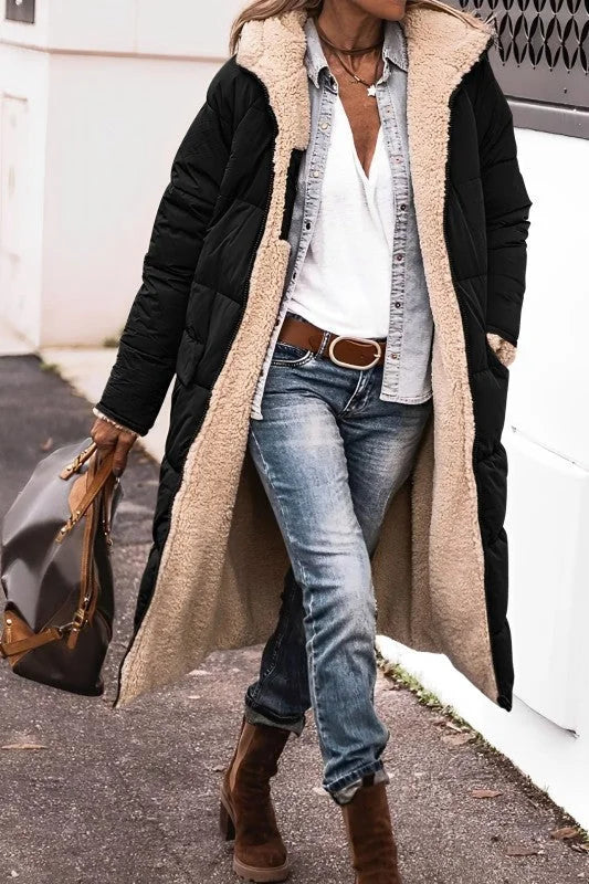 Annette reversible long puffer coat in Black, worn