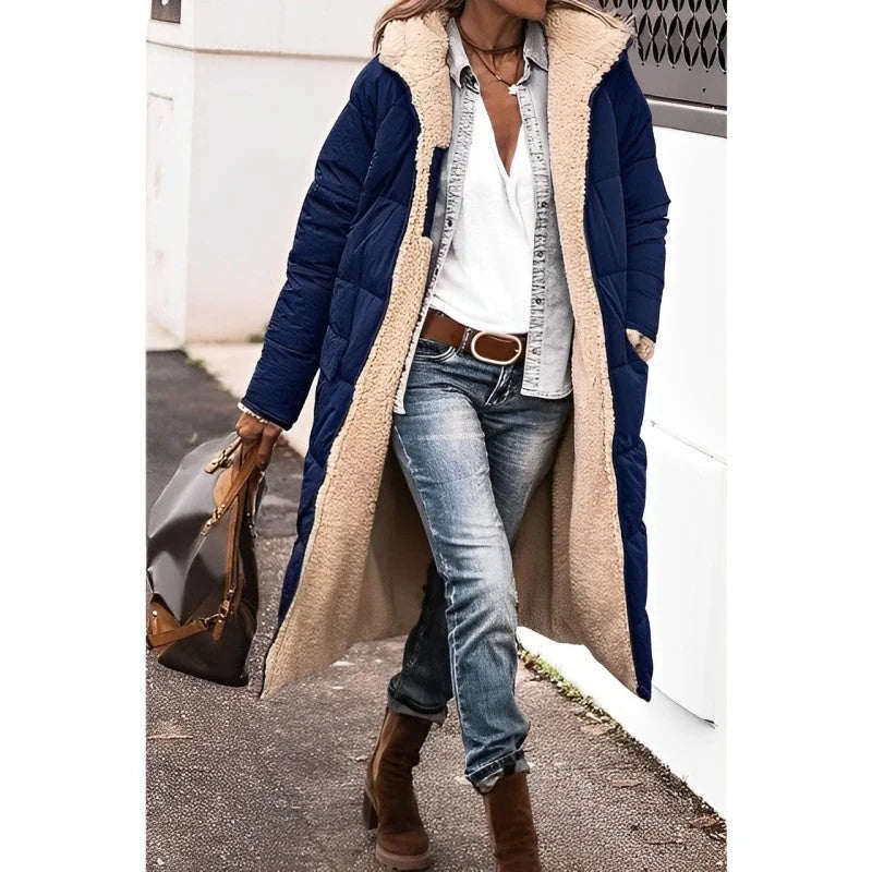 Annette reversible long puffer coat in Navy, worn