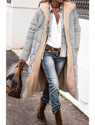 Annette reversible long puffer coat in Gray, worn