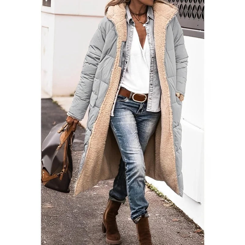 Annette reversible long puffer coat in Gray, worn