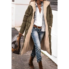 Annette reversible long puffer coat in Olive Green, worn