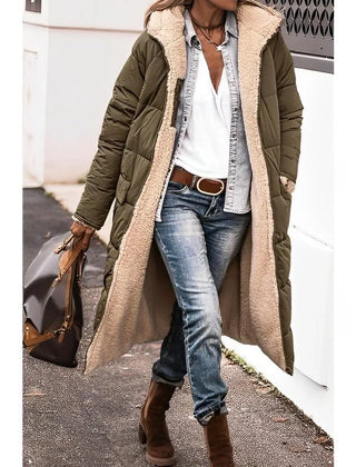 Annette reversible long puffer coat in Olive Green, worn