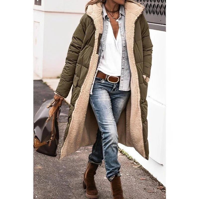 Annette reversible long puffer coat in Olive Green, worn