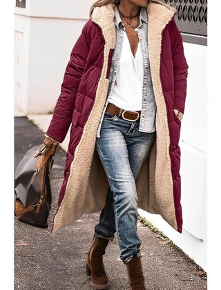 Annette reversible long puffer coat in Burgundy, worn