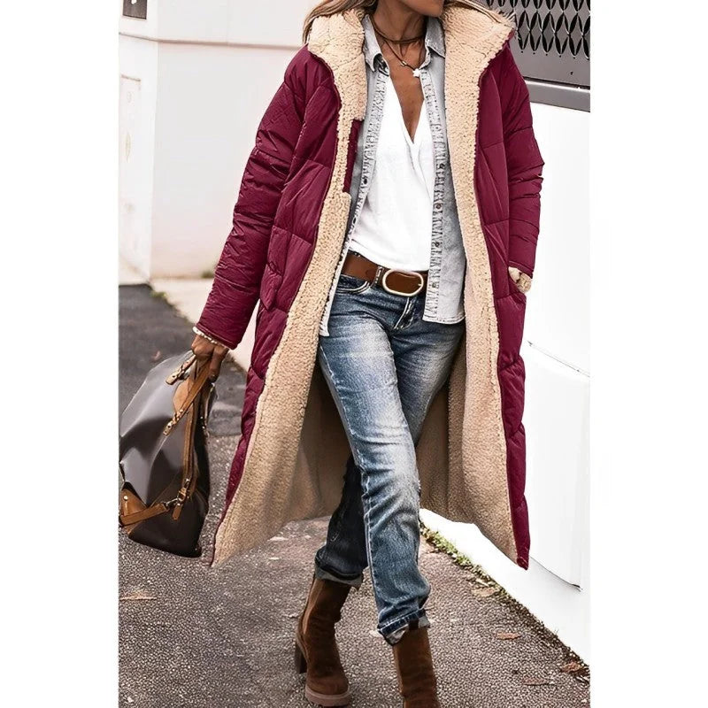 Annette reversible long puffer coat in Burgundy, worn