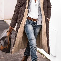 Annette reversible long puffer coat in Brown, worn