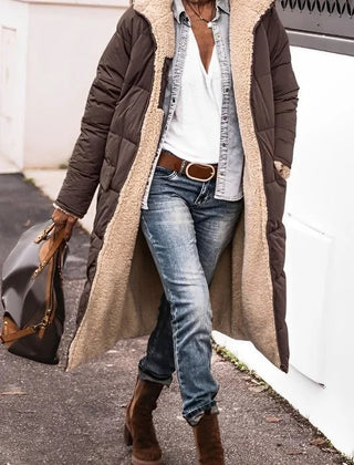Annette reversible long puffer coat in Brown, worn