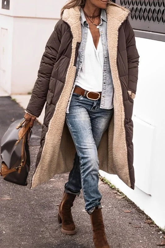 Annette reversible long puffer coat in Brown, worn