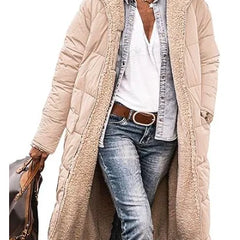 Annette reversible long puffer coat in Beige, worn