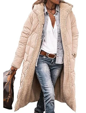 Annette reversible long puffer coat in Beige, worn