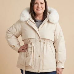 Faux-Fur Hooded Parka Jacket worn by a woman with curves