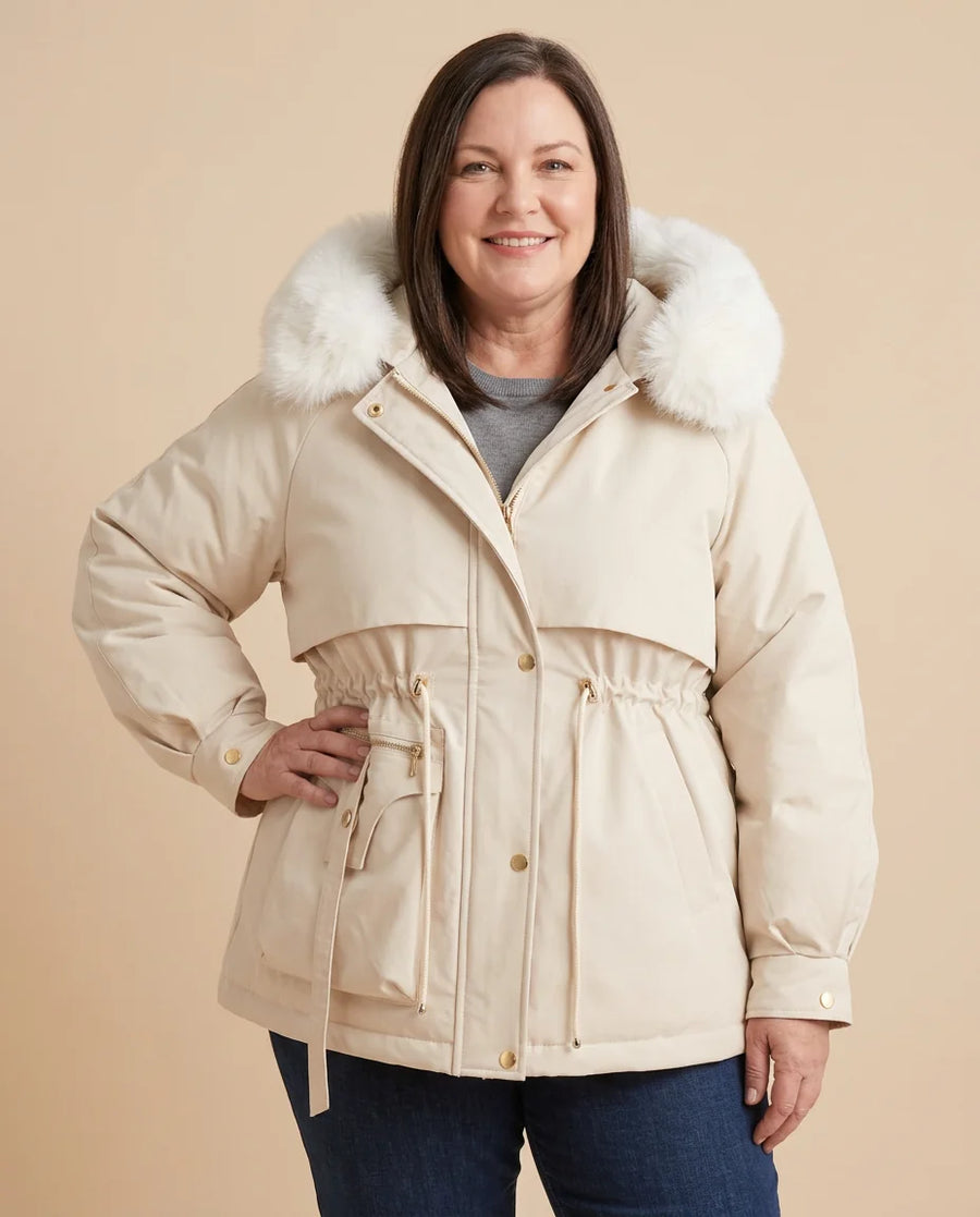 Faux-Fur Hooded Parka Jacket worn by a woman with curves