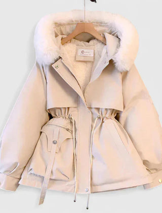 Faux-Fur Hooded Parka Jacket in Cream