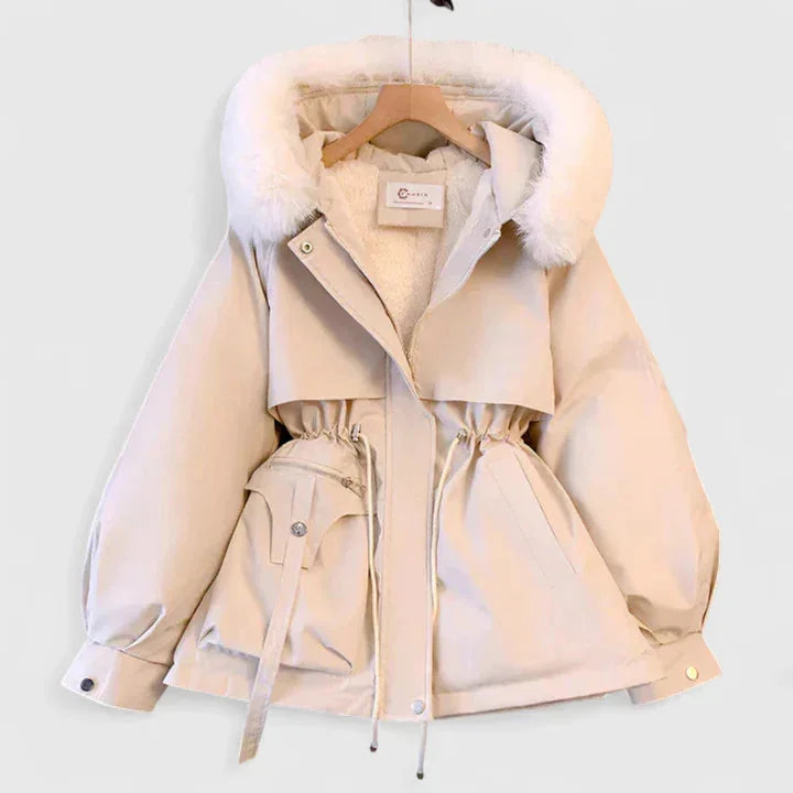 Faux-Fur Hooded Parka Jacket in Cream