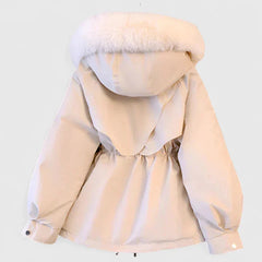 Faux-Fur Hooded Parka Jacket in Cream