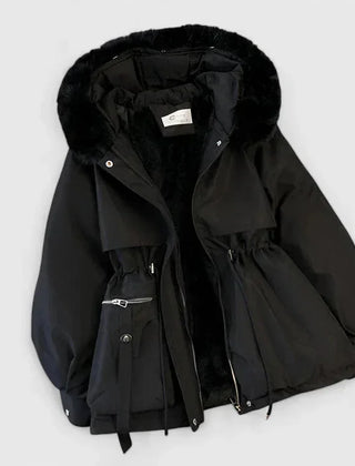 Faux-Fur Hooded Parka Jacket in Black