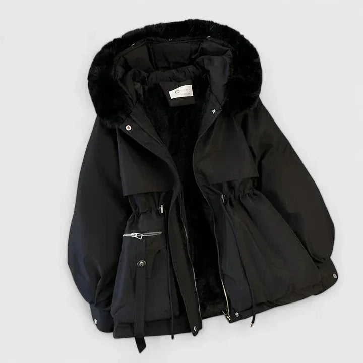 Faux-Fur Hooded Parka Jacket in Black
