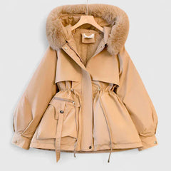 Faux-Fur Hooded Parka Jacket in Khaki