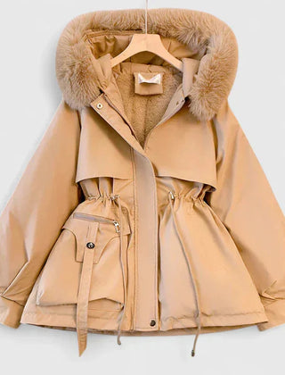 Faux-Fur Hooded Parka Jacket in Khaki