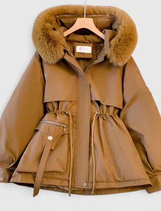 Faux-Fur Hooded Parka Jacket in Brown