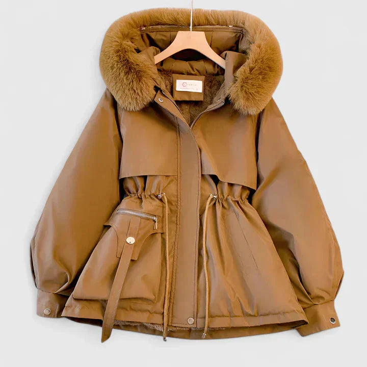 Faux-Fur Hooded Parka Jacket in Brown