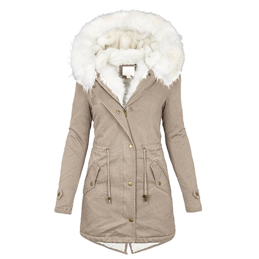Beatrix button-detail hooded jacket in Khaki