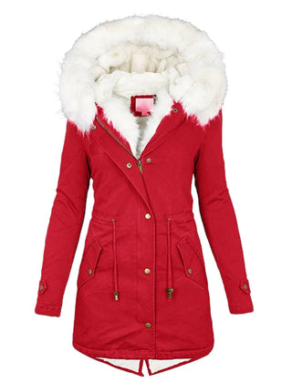 Beatrix button-detail hooded jacket in Red