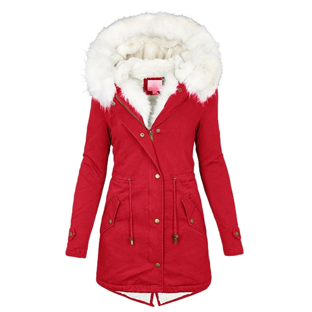 Beatrix button-detail hooded jacket in Red