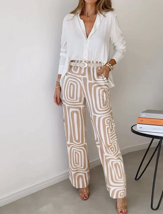 Beige Liora | Printed Wide-Leg Two-Piece Summer Set for Women