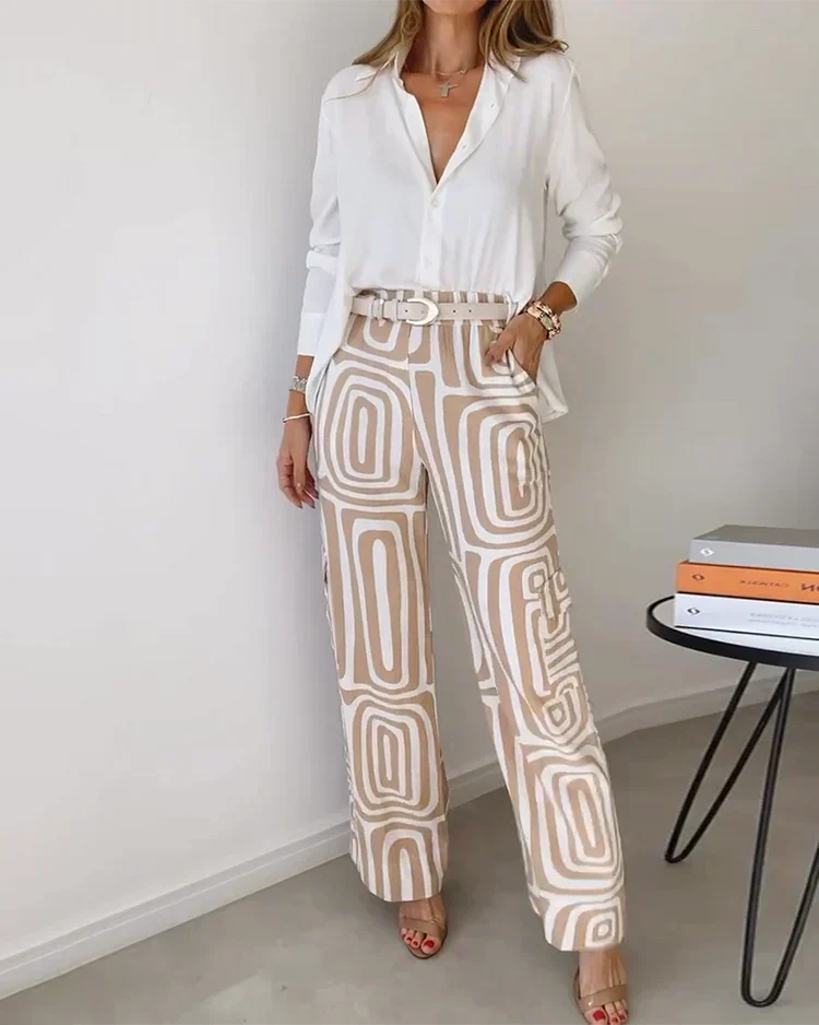 Beige Liora | Printed Wide-Leg Two-Piece Summer Set for Women