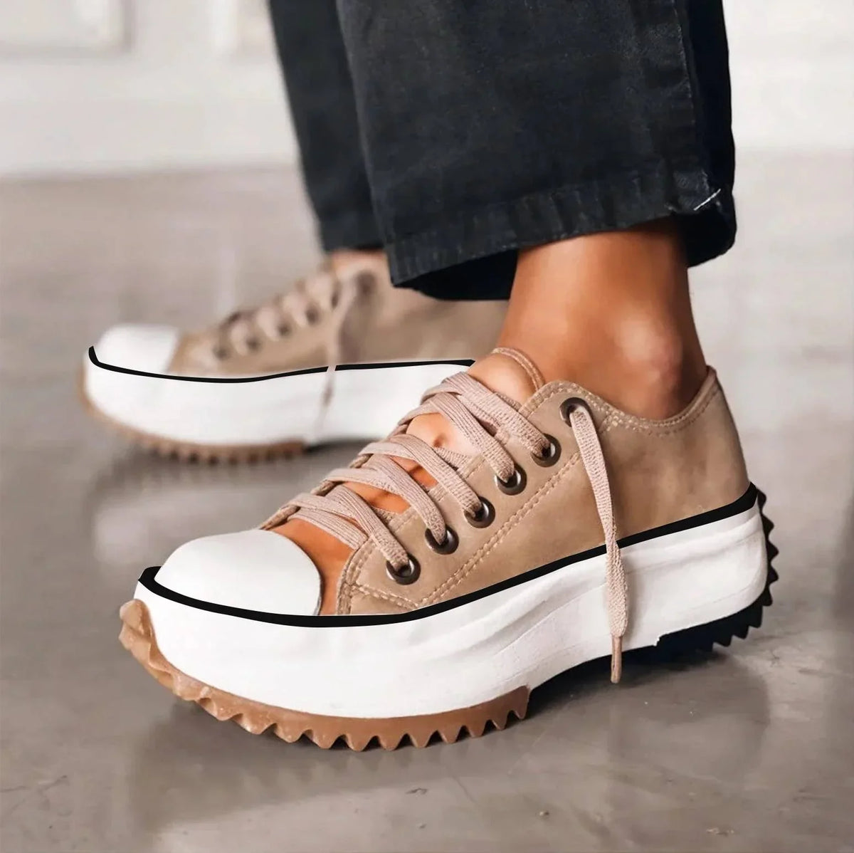 Bettina Platform Lace-Up Sneakers in Beige, worn with black jeans