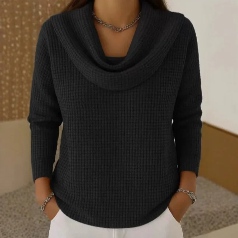 Black Amber™ – Warm Waffle Sweater with Elegant Waterfall Neckline