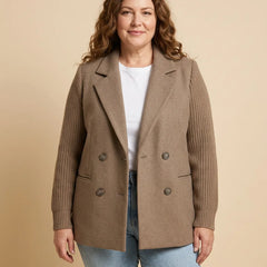 Double-Breasted Ribbed Sleeve Blazer worn by a woman with curves